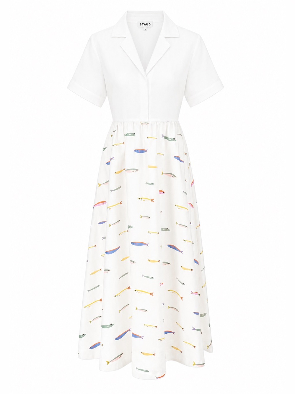 STAUD White 100% Linen Fish Print Maxi Shirt Dress Size S NWT Coastal Resort - Picture 12 of 12
